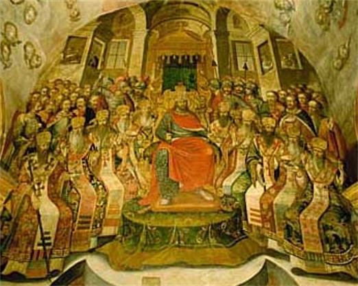 Image - Fresco depicting the Council of Nicea at the Trinity Church of the Kyivan Cave Monastery (Kyivan Cave Monastery Icon Painting Studio, 1730-40).